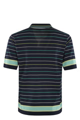 Marineblau gestreiftes Poloshirt mit grünen und gelben Akzenten, kurze Ärmel, gerippter Kragen und Manschetten.
