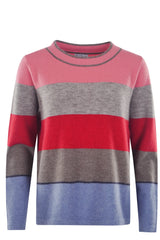 Mehrfarbig gestreifter Pullover mit Rundhalsausschnitt und langen Ärmeln.