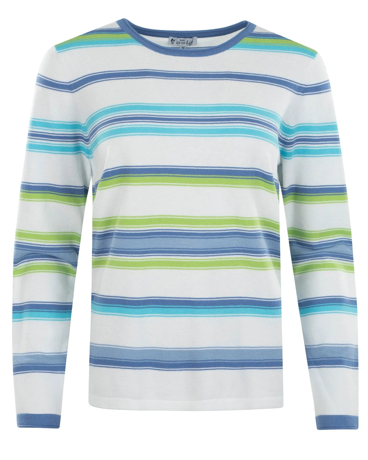 Damen pullover feinstrick mit langarm und crew neck in weiß blau und hellgrün gestreift