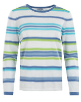 Damen pullover feinstrick mit langarm und crew neck in weiß blau und hellgrün gestreift