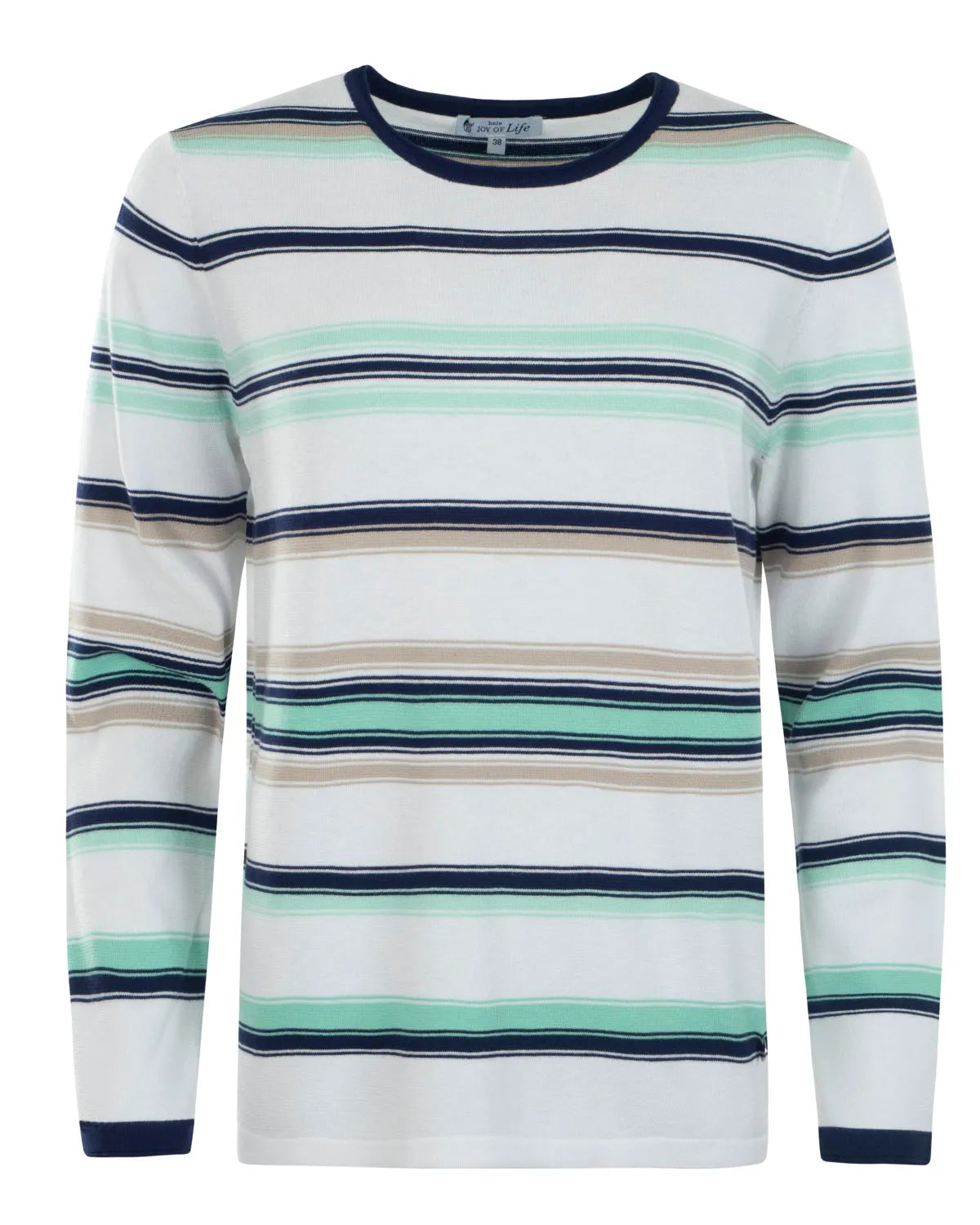 Damen pullover feinstrick mit langarm und streifenlook in weiß, marineblau und mintgrün, rundhalsausschnitt