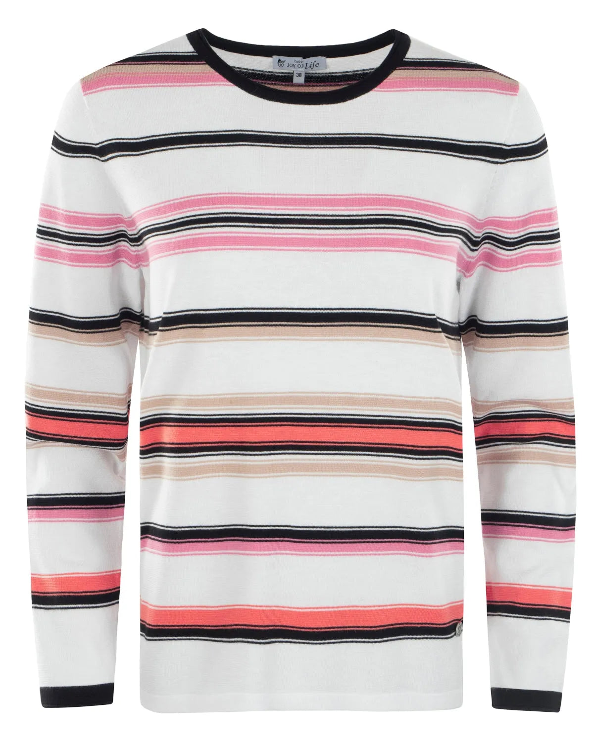 Damen pullover feinstrick mit langärmeligen streifen in weiß schwarz rosa und koralle mit rippenbesatz am ausschnitt und den bündchen