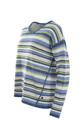 Damen pullover in leinenoptik mit langen ärmeln und horizontalen streifen in blau, grün und cremefarben