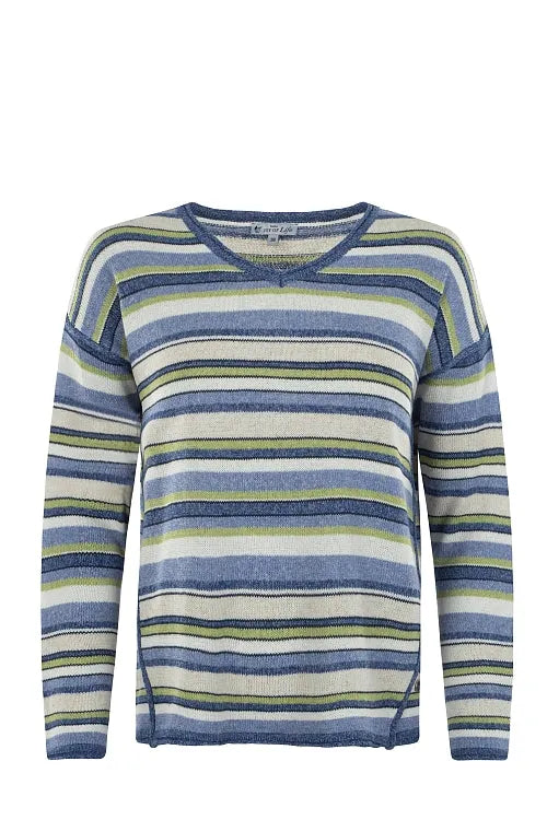 Damen pullover in leinenoptik mit langen ärmeln und horizontalen streifen in blau grün und cremefarben