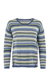 Damen pullover in leinenoptik mit langen ärmeln und horizontalen streifen in blau grün und cremefarben