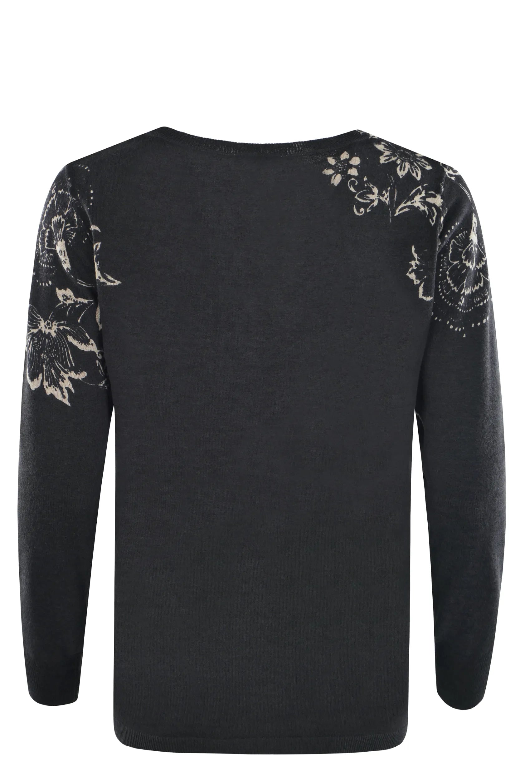 Schwarzer Pullover mit Blumenstickerei, langen Ärmeln und Rundhalsausschnitt.