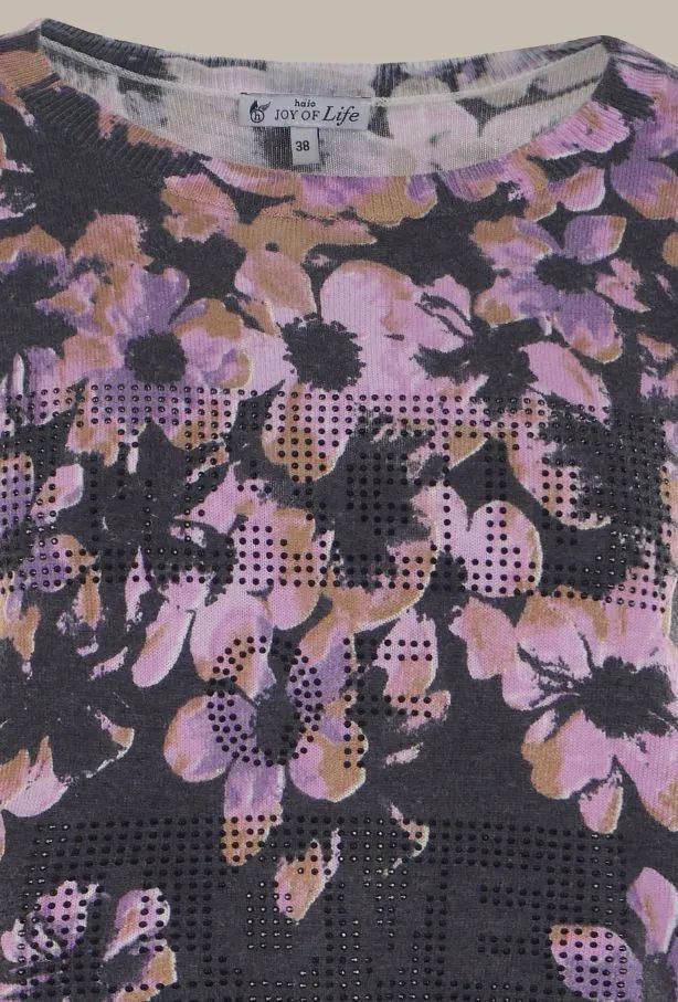 Schwarzes, geblümtes Mesh-Top mit rosa und lila Blumen, Größe klein.