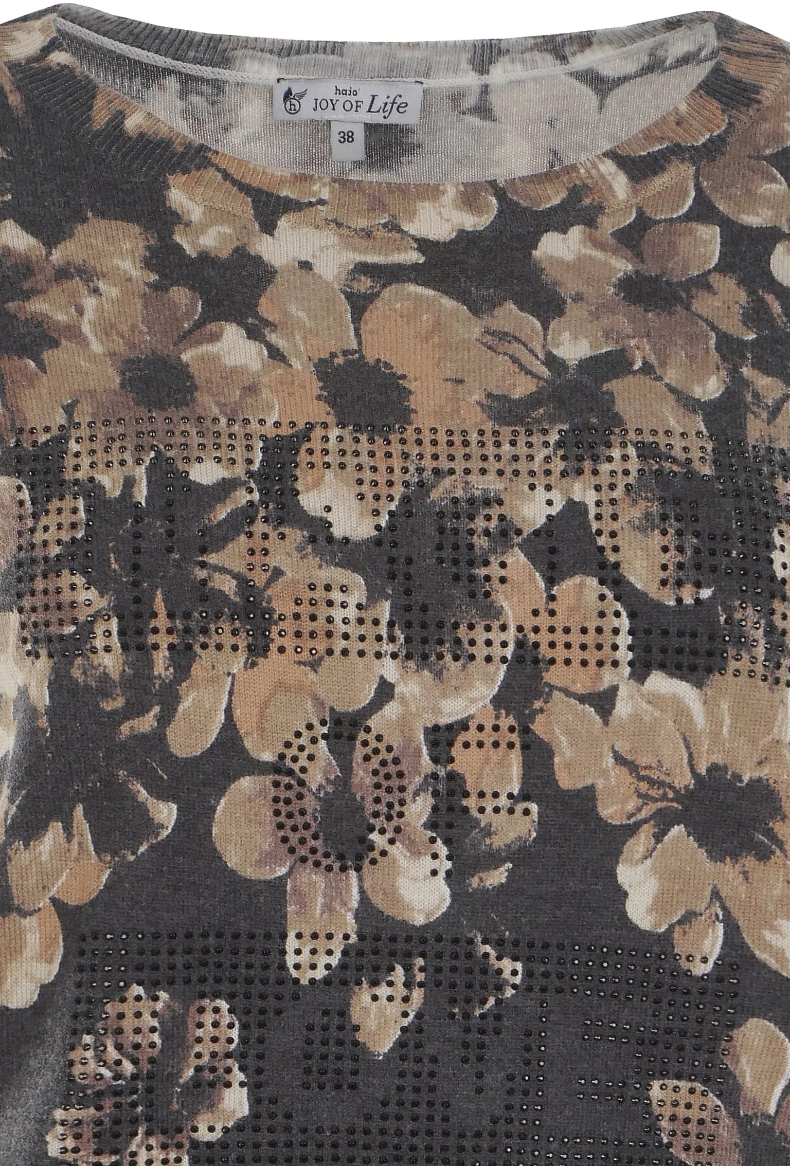 Schwarz-goldenes, geblümtes Mesh-Top mit perforierten Details.