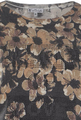 Schwarz-goldenes, geblümtes Mesh-Top mit perforierten Details.