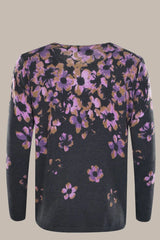 Schwarze Bluse mit Blumendruck, langen Ärmeln und Rundhalsausschnitt.
