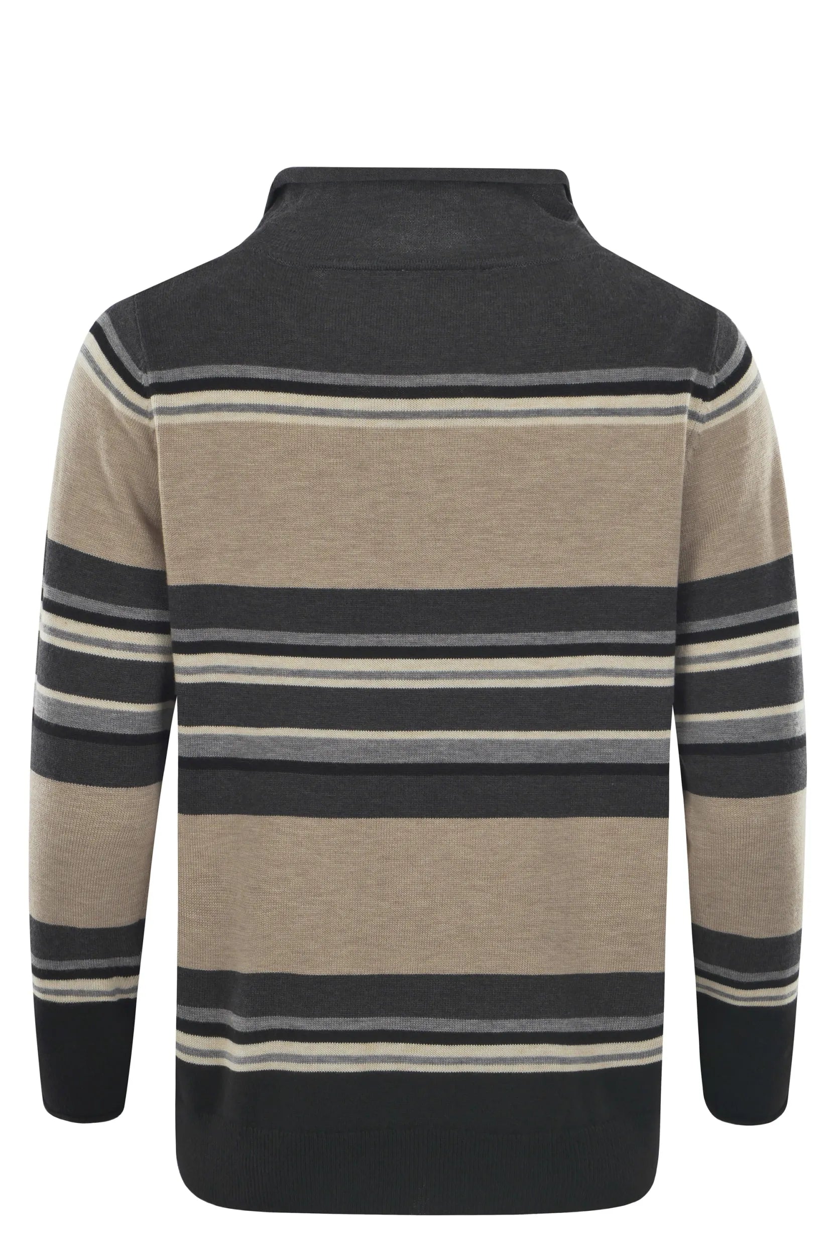 Gestreifter Pullover mit hohem Kragen, mit schwarzen und beigen Streifen auf dunklem Grund.