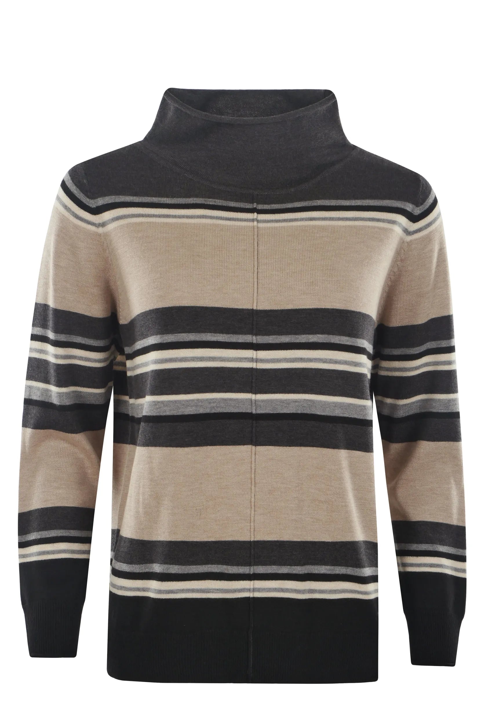 Gestreifter Rollkragenpullover mit schwarzen, beigen und grauen Streifen auf weißem Grund.