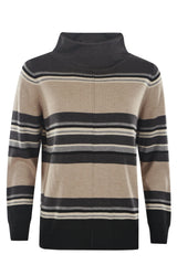 Gestreifter Rollkragenpullover mit schwarzen, beigen und grauen Streifen auf weißem Grund.