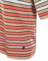 Gestreiftes Poloshirt mit kurzen Ärmeln und Knopfverschluss, mit einem Mix aus beigen, rosa, korallenroten, weißen und schwarzen Streifen auf weichem Baumwollstoff.