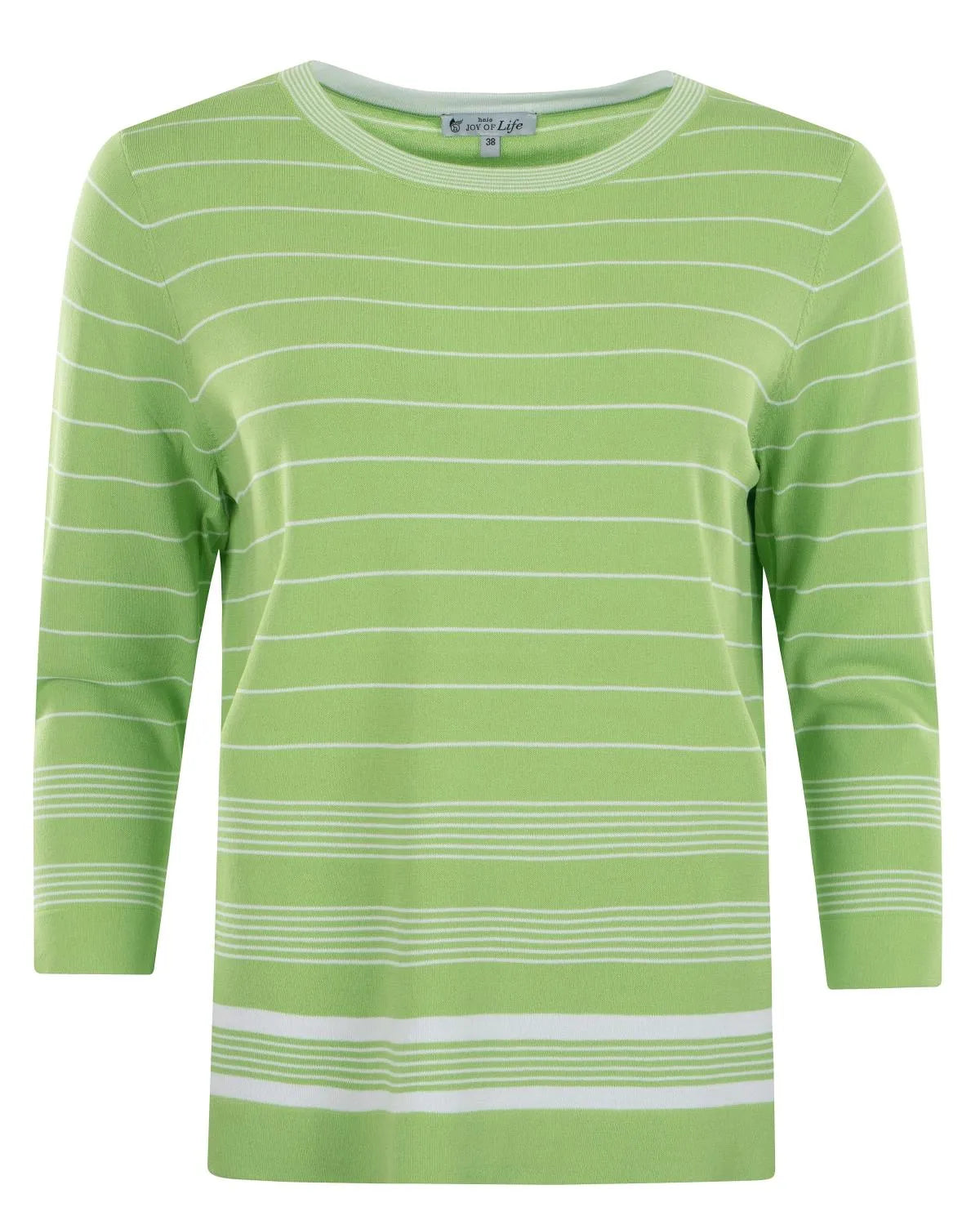 Limonengrün gestreifter Pullover mit weißen Streifen und Rundhalsausschnitt.