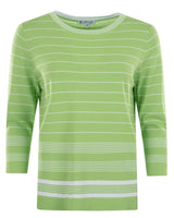 Limonengrün gestreifter Pullover mit weißen Streifen und Rundhalsausschnitt.