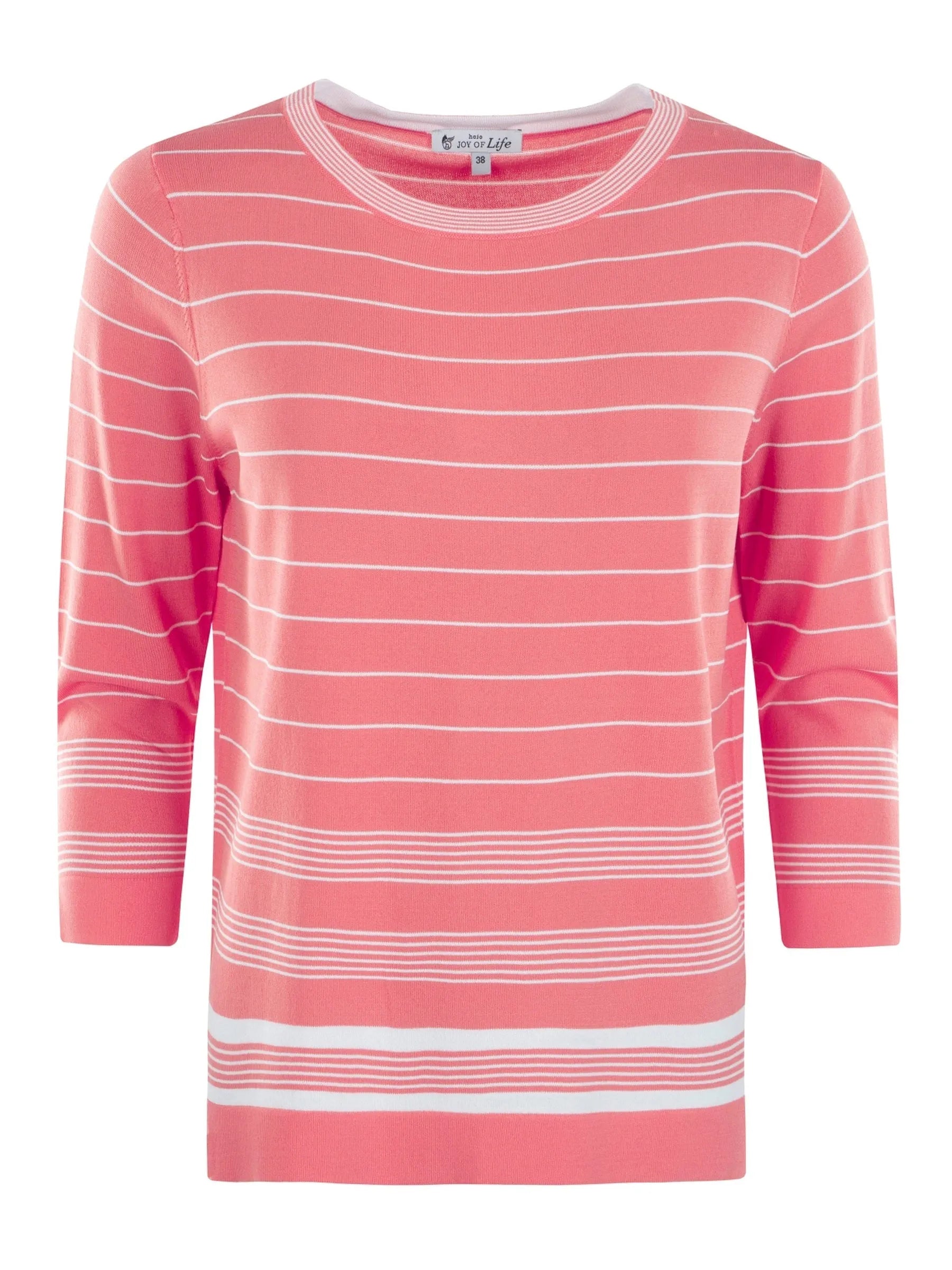 Damen pullover mit streifenmix in zartem rosa mit weißen dünnen horizontallinien und dreiviertelärmeln