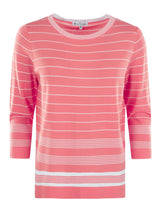 Damen pullover mit streifenmix in zartem rosa mit weißen dünnen horizontallinien und dreiviertelärmeln