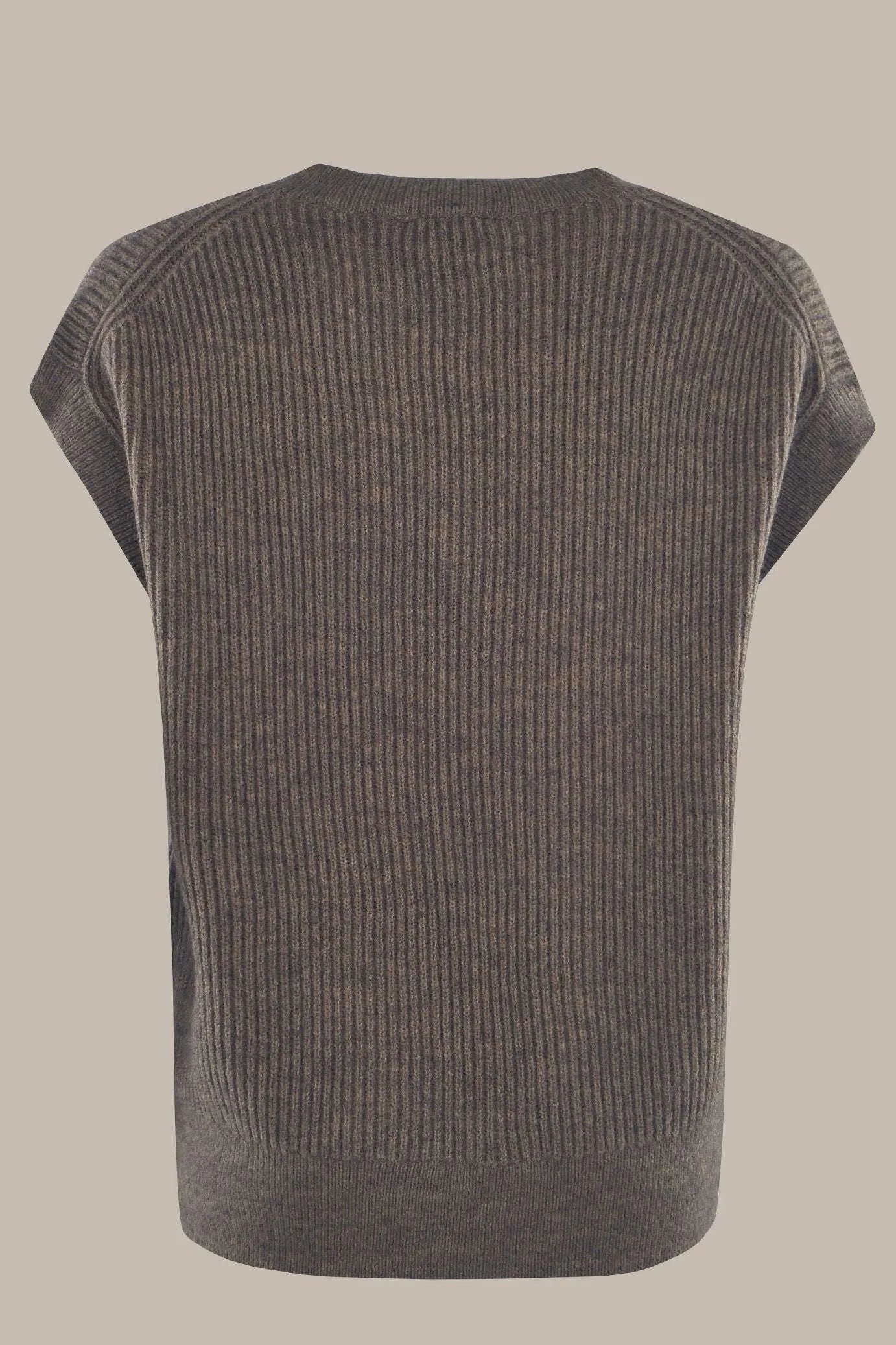 Anthrazitfarbener Rippenstrickpullover mit kurzen Ärmeln und Rundhalsausschnitt.