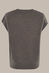 Anthrazitfarbener Rippenstrickpullover mit kurzen Ärmeln und Rundhalsausschnitt.