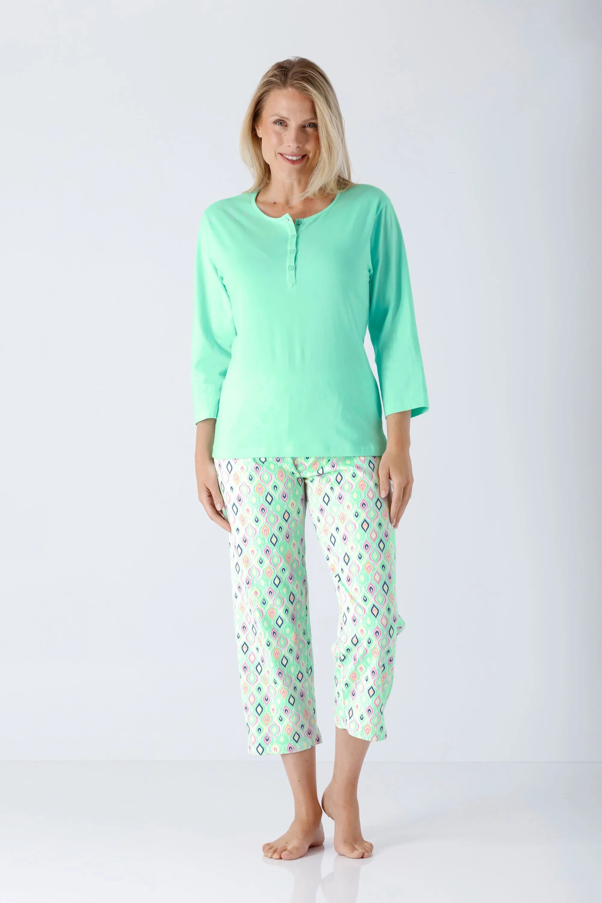 Damen Schlafanzug 7/8 Premium Cotton in Minzgrün mit geometrischem Muster