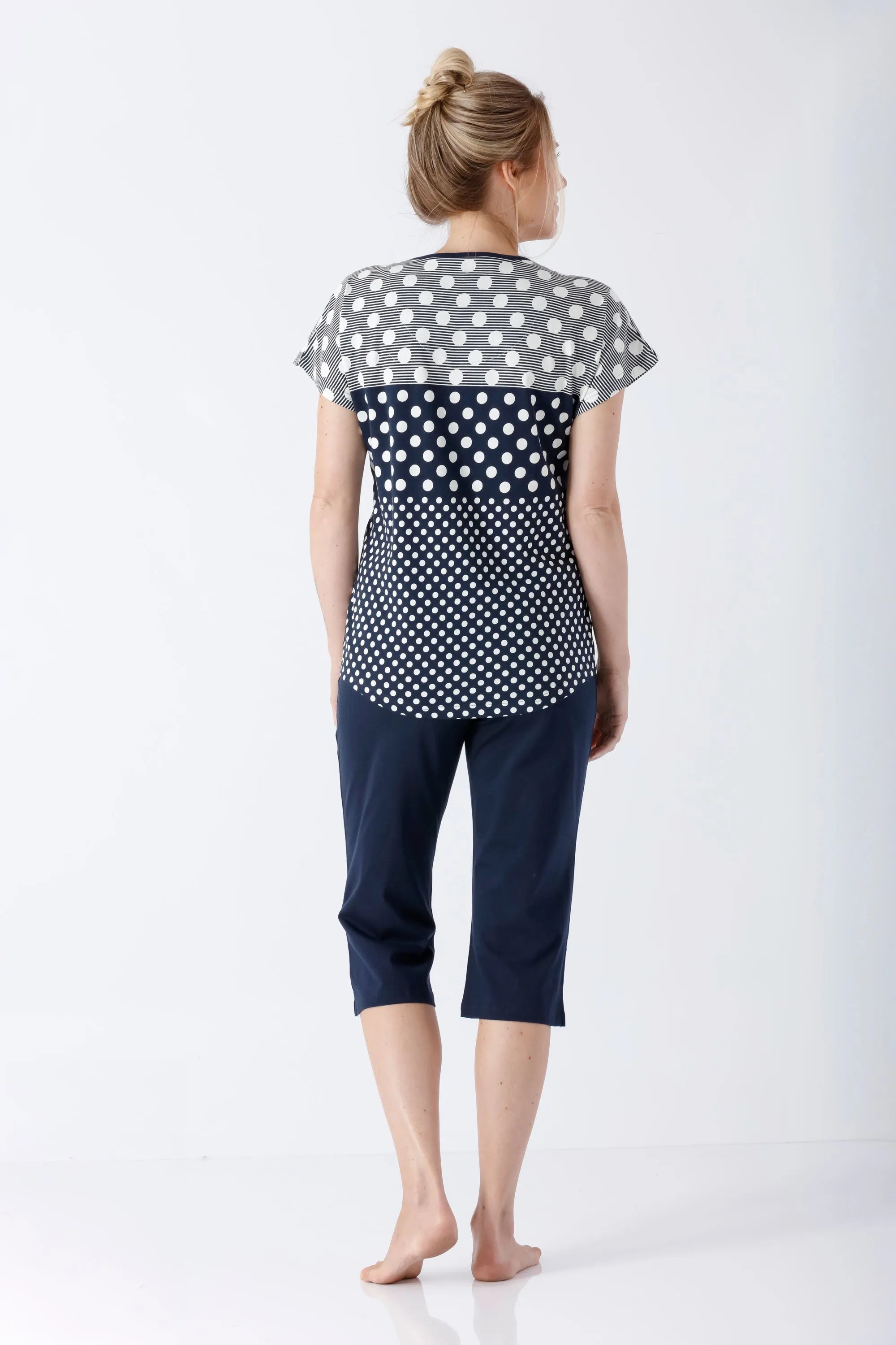 Navyblaues und weisses Polka-Punkte Damen-Schlafanzug-Top Capri Premium Cotton