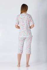Damen Schlafanzug Capri Premium Cotton in Blau-Koralle-Weiß-Paisley-Muster