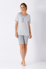 Grauer gestreifter Damen-Schlafanzug Shorty Bermuda Klima-Light mit Cartoon-Motiv