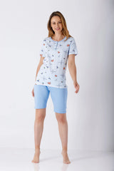Damen Schlafanzug Shorty Bermuda hellblau gestreift mit Herzen