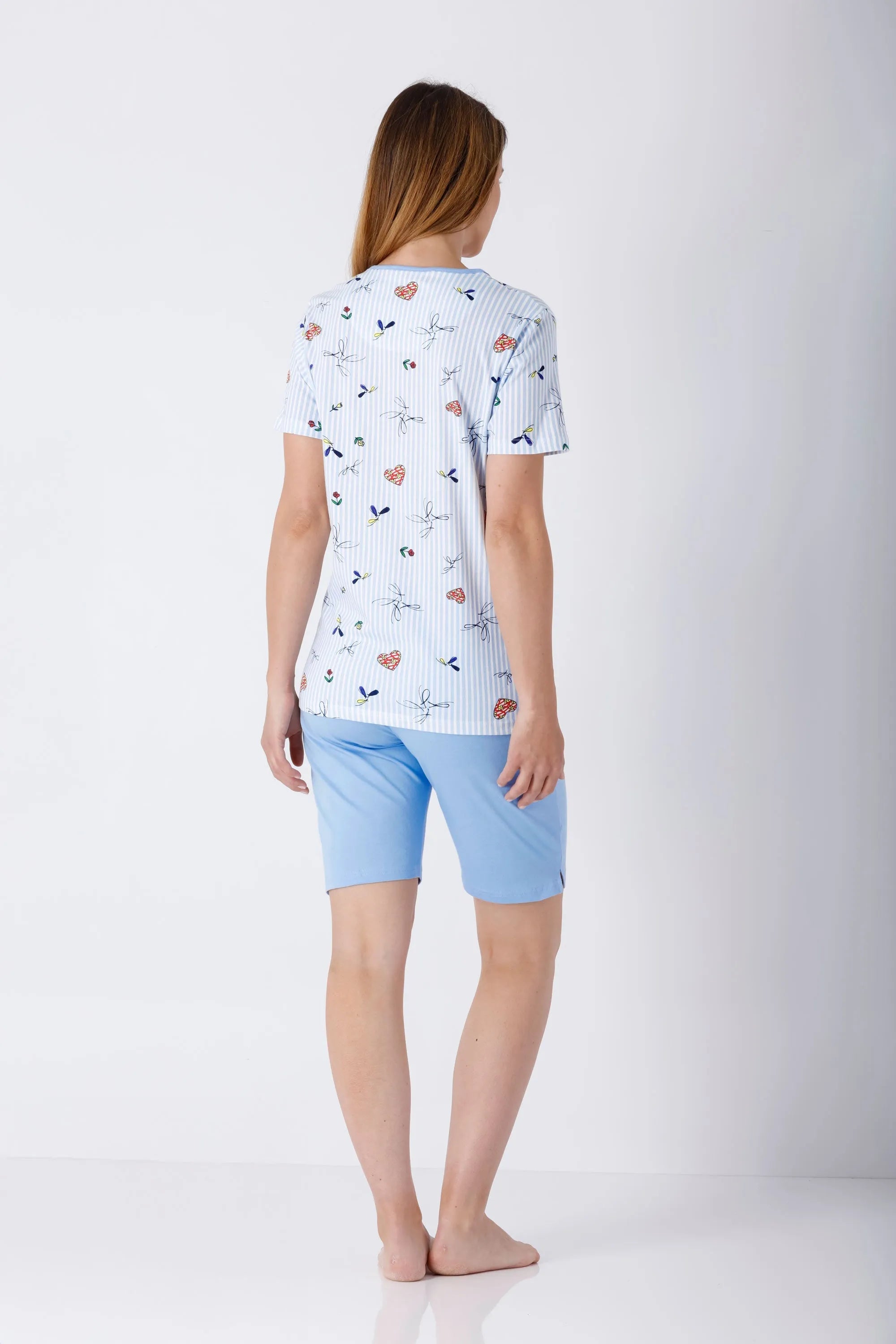Damen Schlafanzug Shorty Bermuda hellblau gestreift mit Blumenmuster