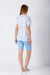 Damen Schlafanzug Shorty Bermuda hellblau gestreift mit Blumenmuster