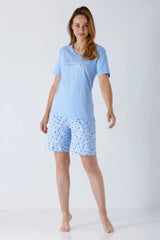 Damen Schlafanzug Shorty Premium Cotton: hellblauer Kurzarm-Set mit Motiven