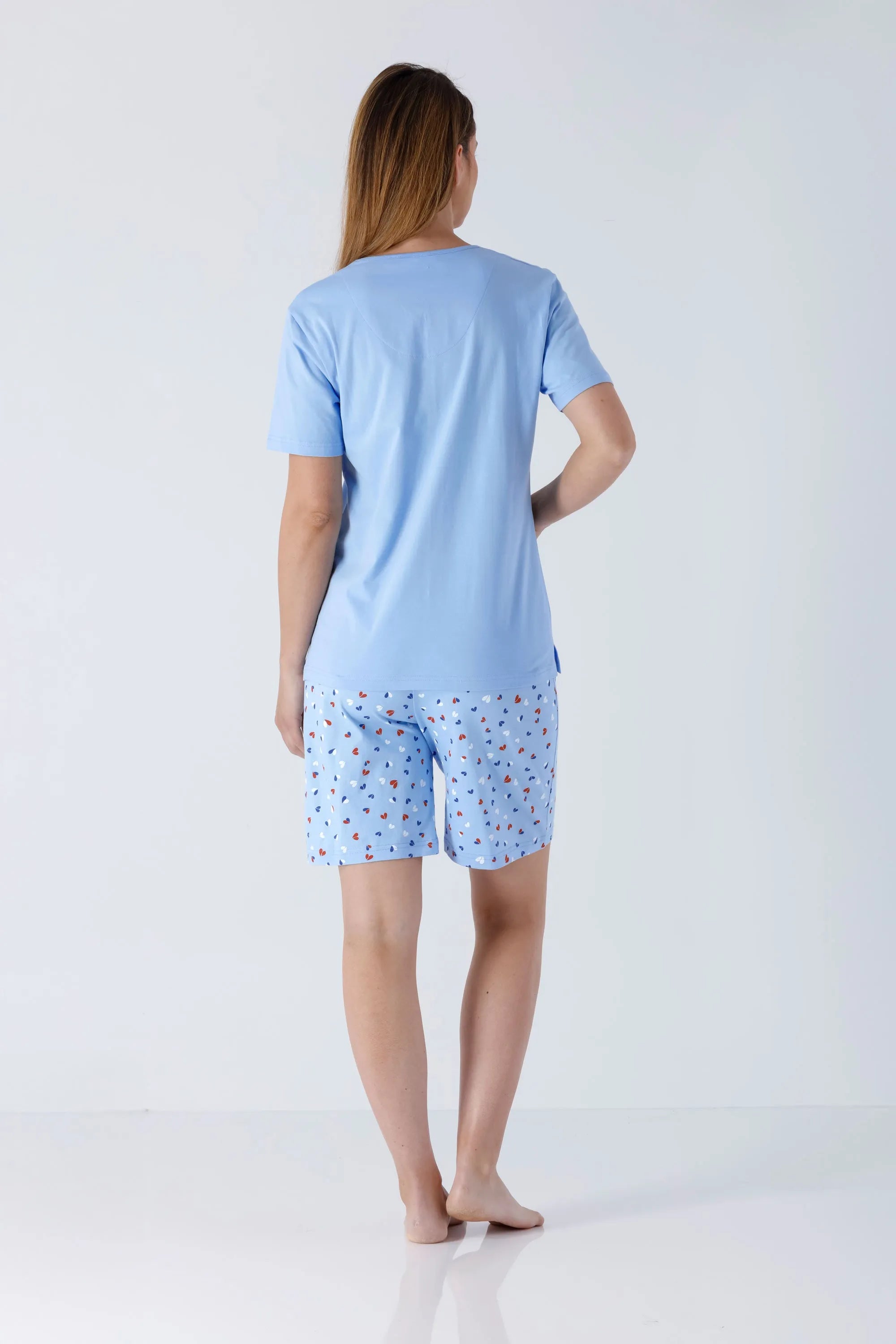 Hellblaue kurzärmelige Damen-PJ-Shorty-Top Premium Cotton, Rundhals