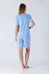 Hellblaue kurzärmelige Damen-PJ-Shorty-Top Premium Cotton, Rundhals