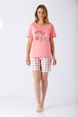 Damen Schlafanzug Shorty: Rosa Blumen-Shirt mit Karo-Shorts in Pastelltönen