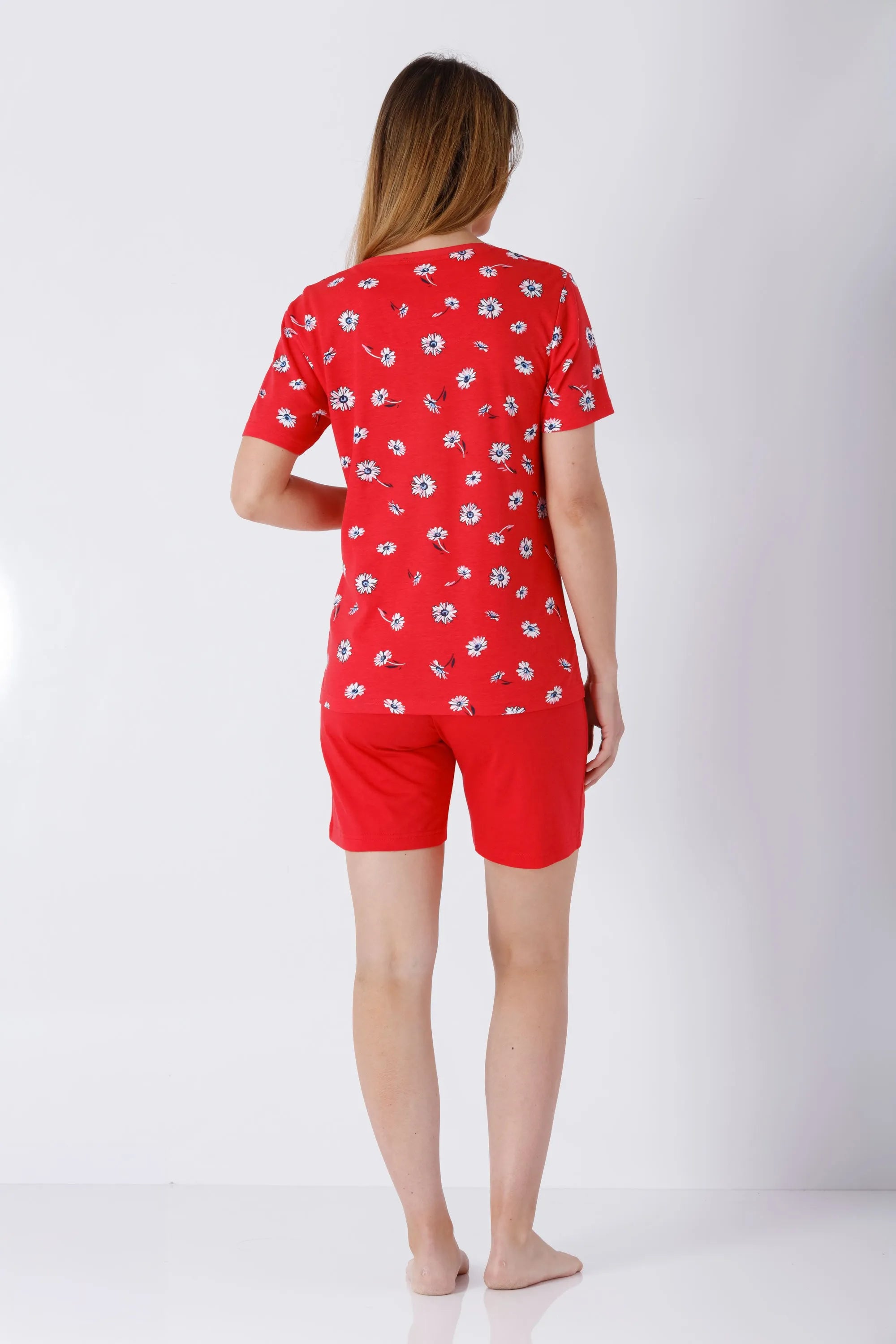 Roter kurzärmliger Damen-PJ-Top mit weißen Gänseblümchen, Premium Cotton/TENCEL™ Modal