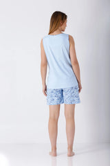 Damen Schlafanzug Shorty Träger Premium Cotton: hellblauer Träger-Top mit Scallop-Ausschnitt und passender Muster-Shorts