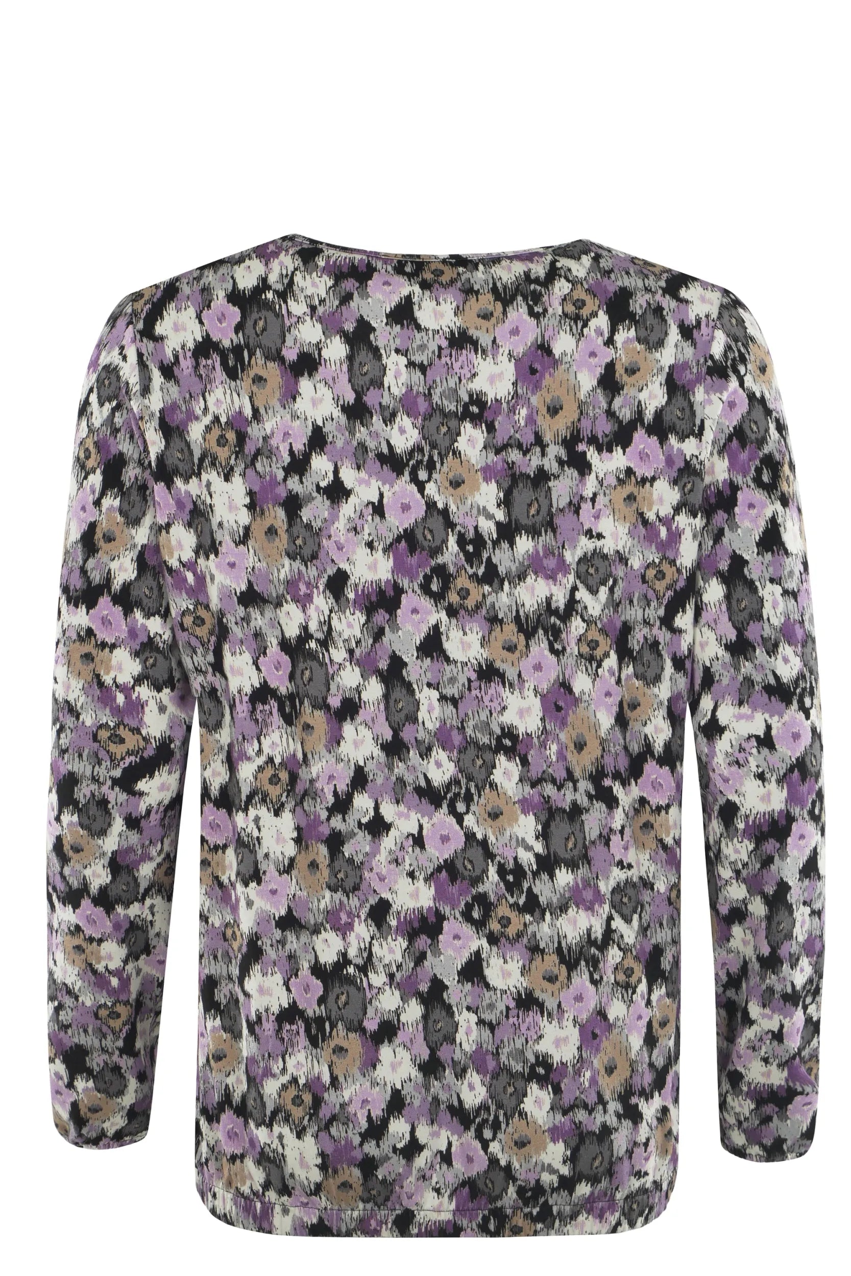 Bluse mit Blumendruck, langen Ärmeln und Rundhalsausschnitt in den Farben Lila, Weiß, Schwarz und Grau.