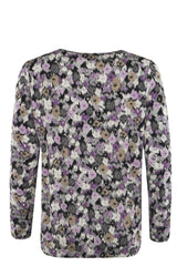 Bluse mit Blumendruck, langen Ärmeln und Rundhalsausschnitt in den Farben Lila, Weiß, Schwarz und Grau.
