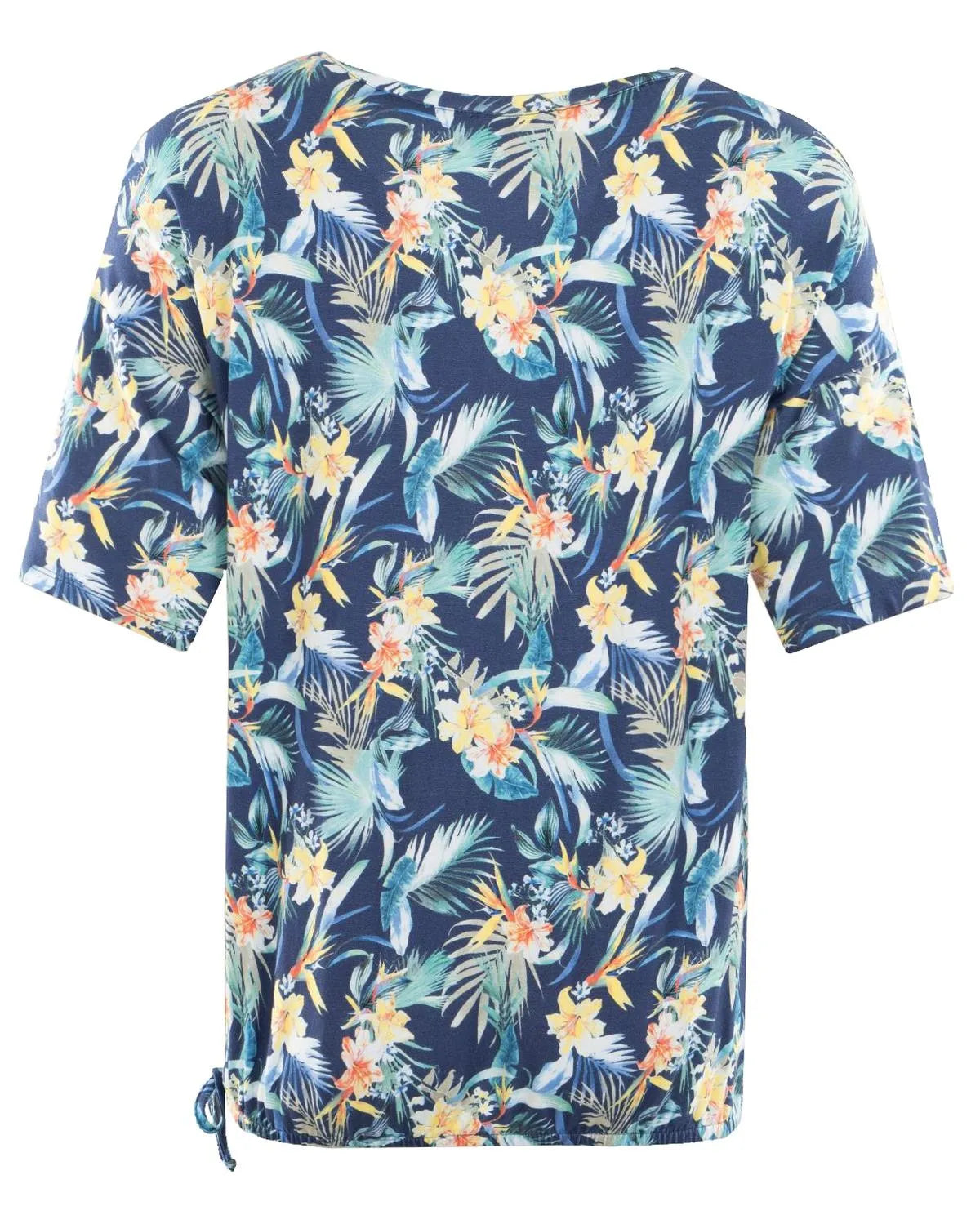 T-Shirt mit tropischem Blumendruck, marineblauem Hintergrund und kurzen Ärmeln.