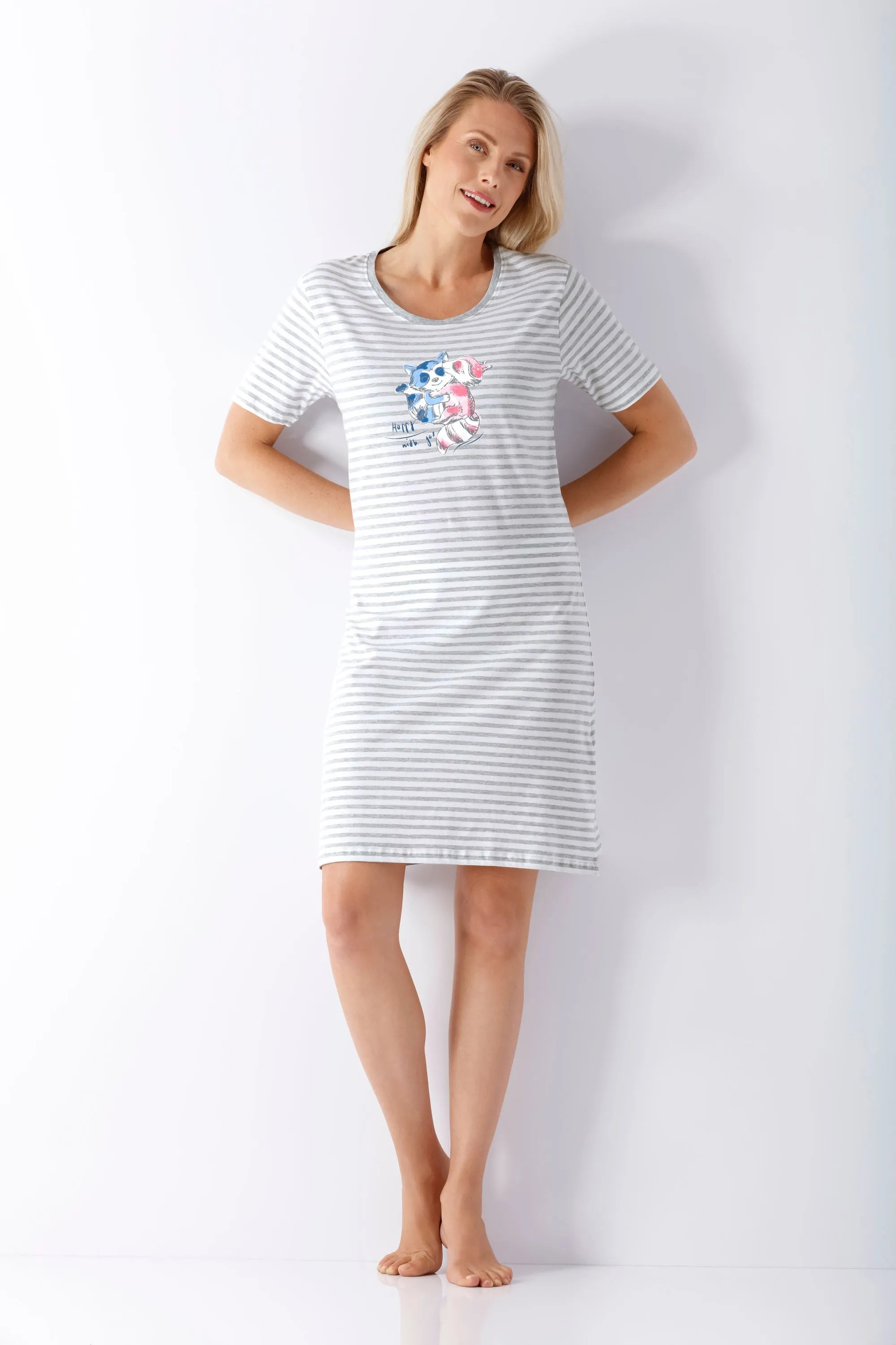 Damen Sleepshirt Klima-Light: graues-weiß gestreiftes Nachthemd mit Cartoon