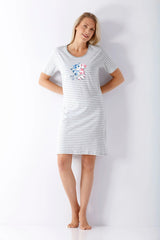 Damen Sleepshirt Klima-Light: graues-weiß gestreiftes Nachthemd mit Cartoon