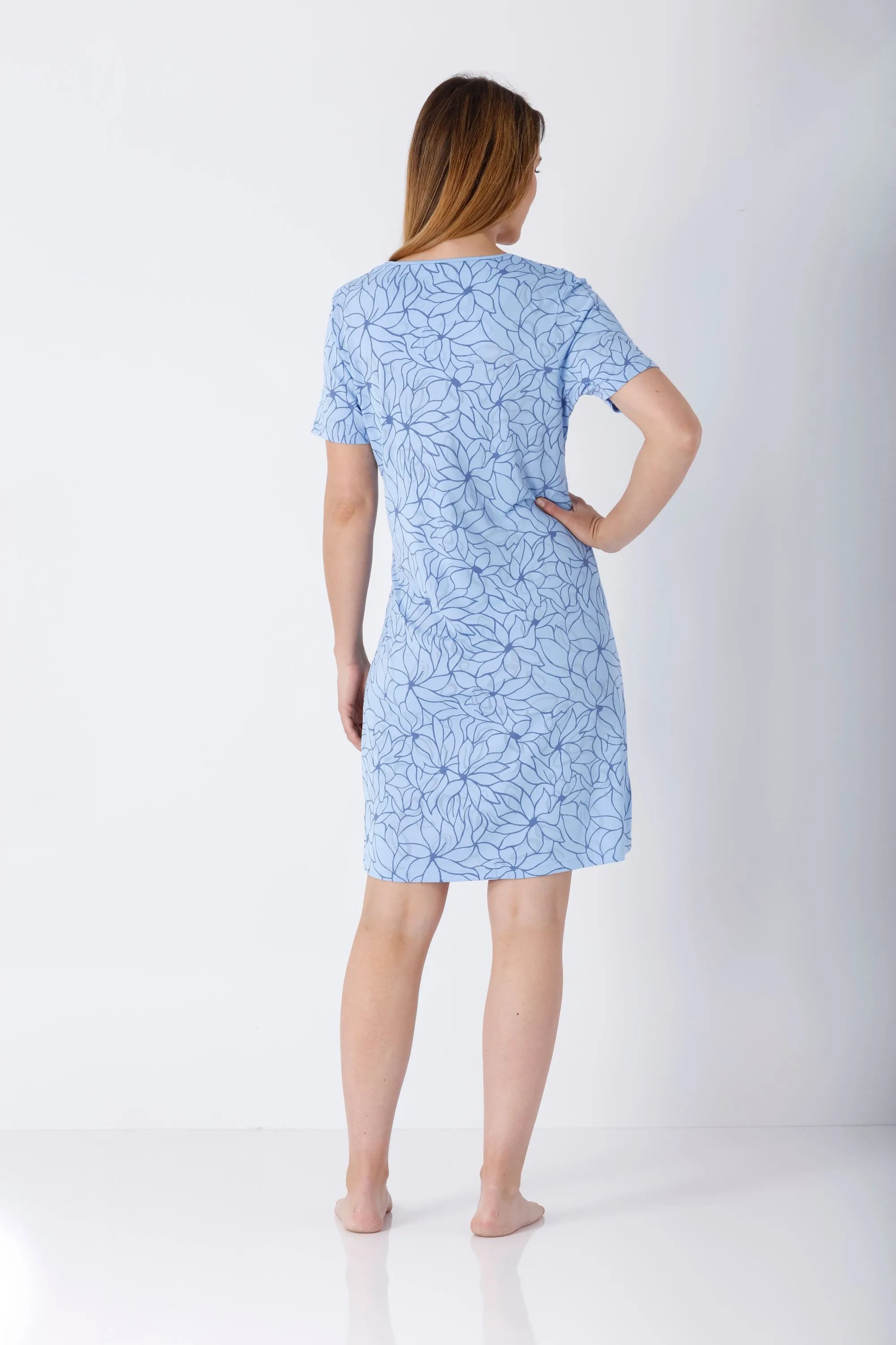 Damen Sleepshirt Klima-Soft® hellblau mit Blumenmuster, Kurzarm-Nachthemd