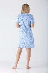 Damen Sleepshirt Premium Cotton: hellblaues Nachthemd mit rot-blauer Blumenmuster