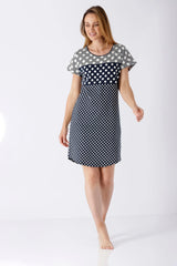 Damen Sleepshirt Premium Cotton in marineblau-weißem Polka-Dot mit kurzen Ärmeln