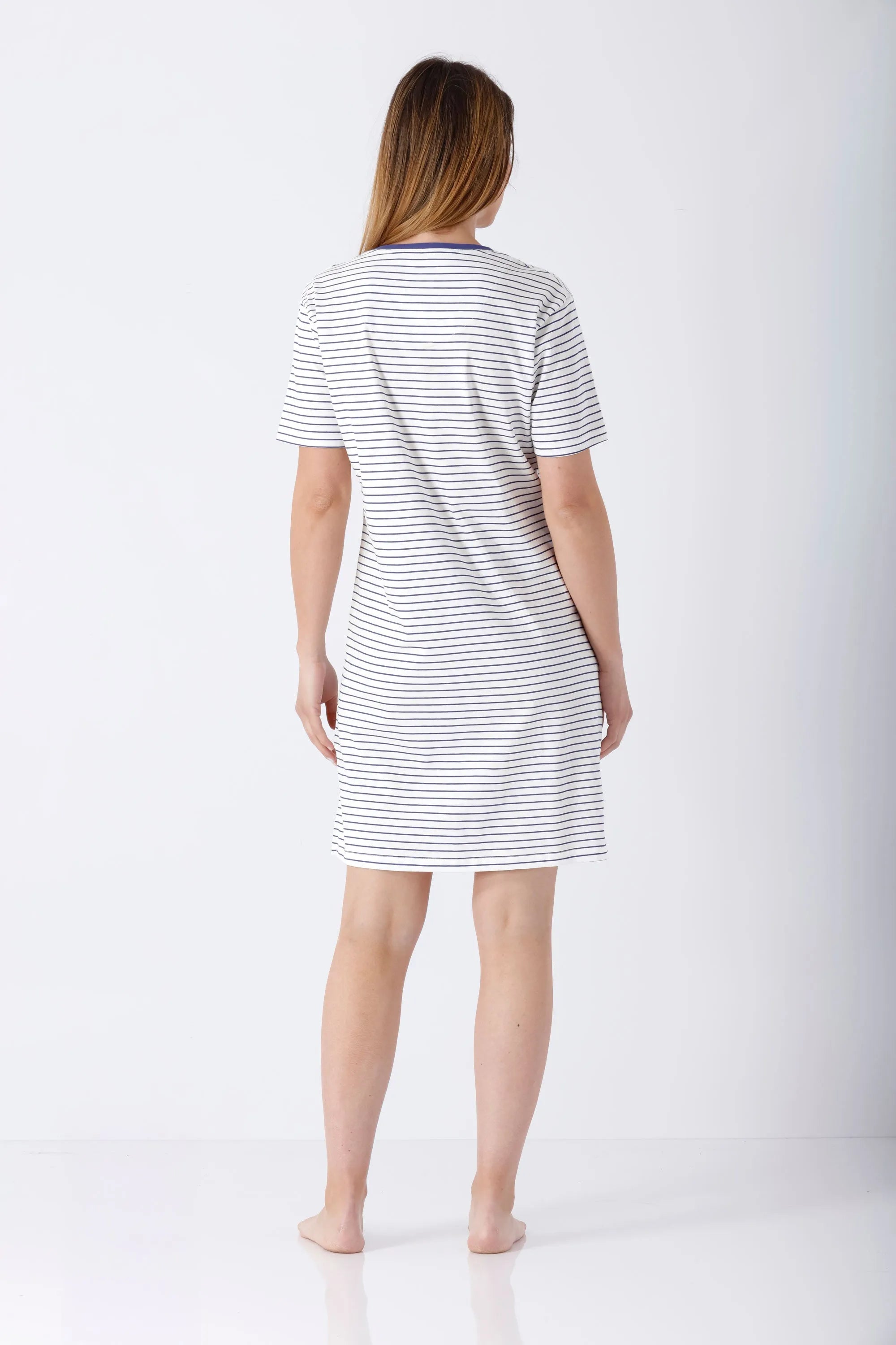 Damen Sleepshirt Premium Cotton: weißes Nachthemd mit navy Streifen und Borte
