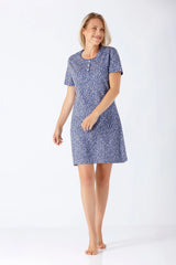 Damen Sleepshirt Premium Cotton: marineblaues Nachthemd mit weißem Blattmuster