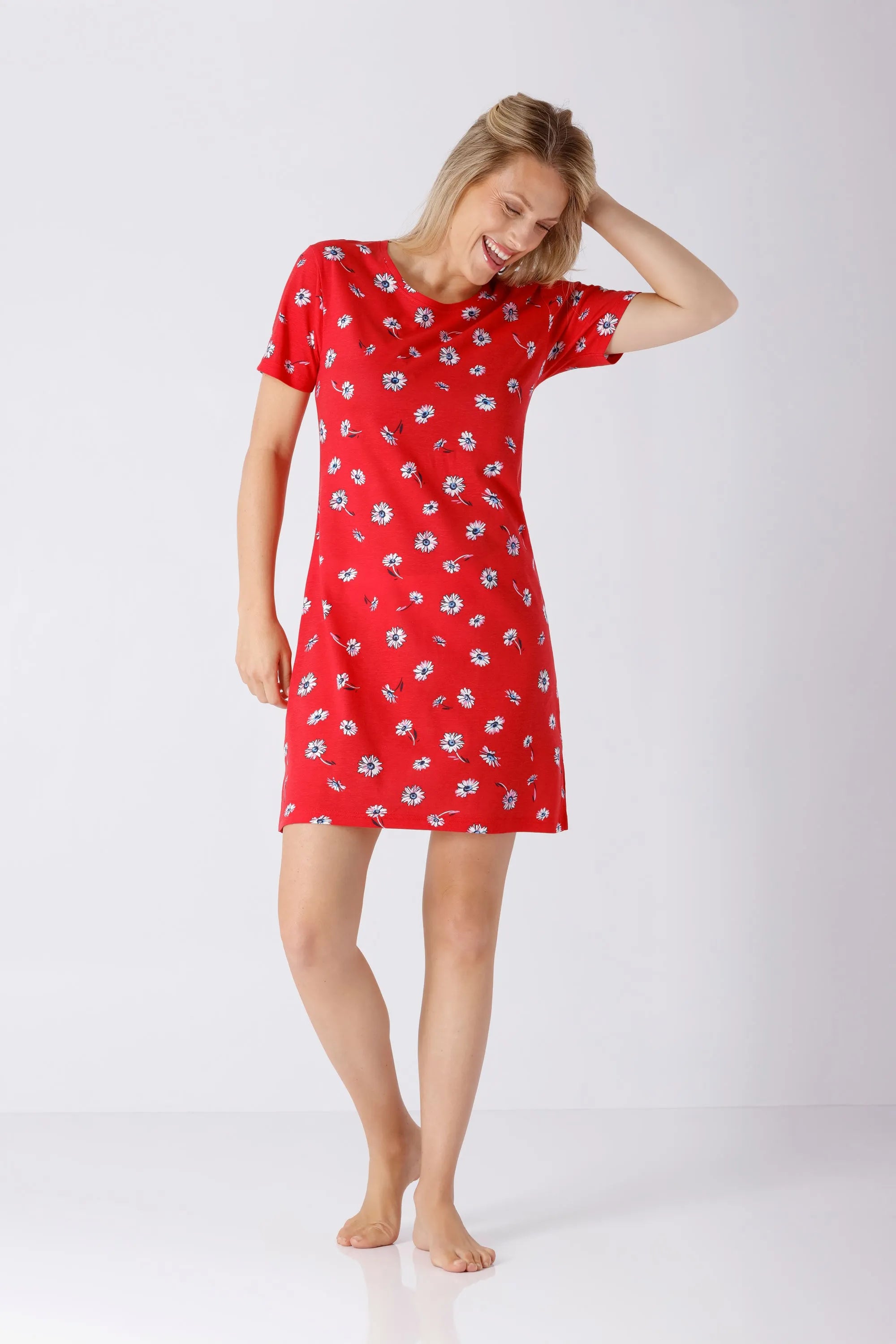 Rotes Damen-Schlafshirt Premium Cotton/TENCEL™ Modal mit weißem Gänseblümchenmuster