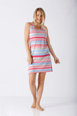 Damen Sleepshirt Träger Klima-Soft®: ärmelloses knielanges Nachthemd in pink-blau-weißen Streifen