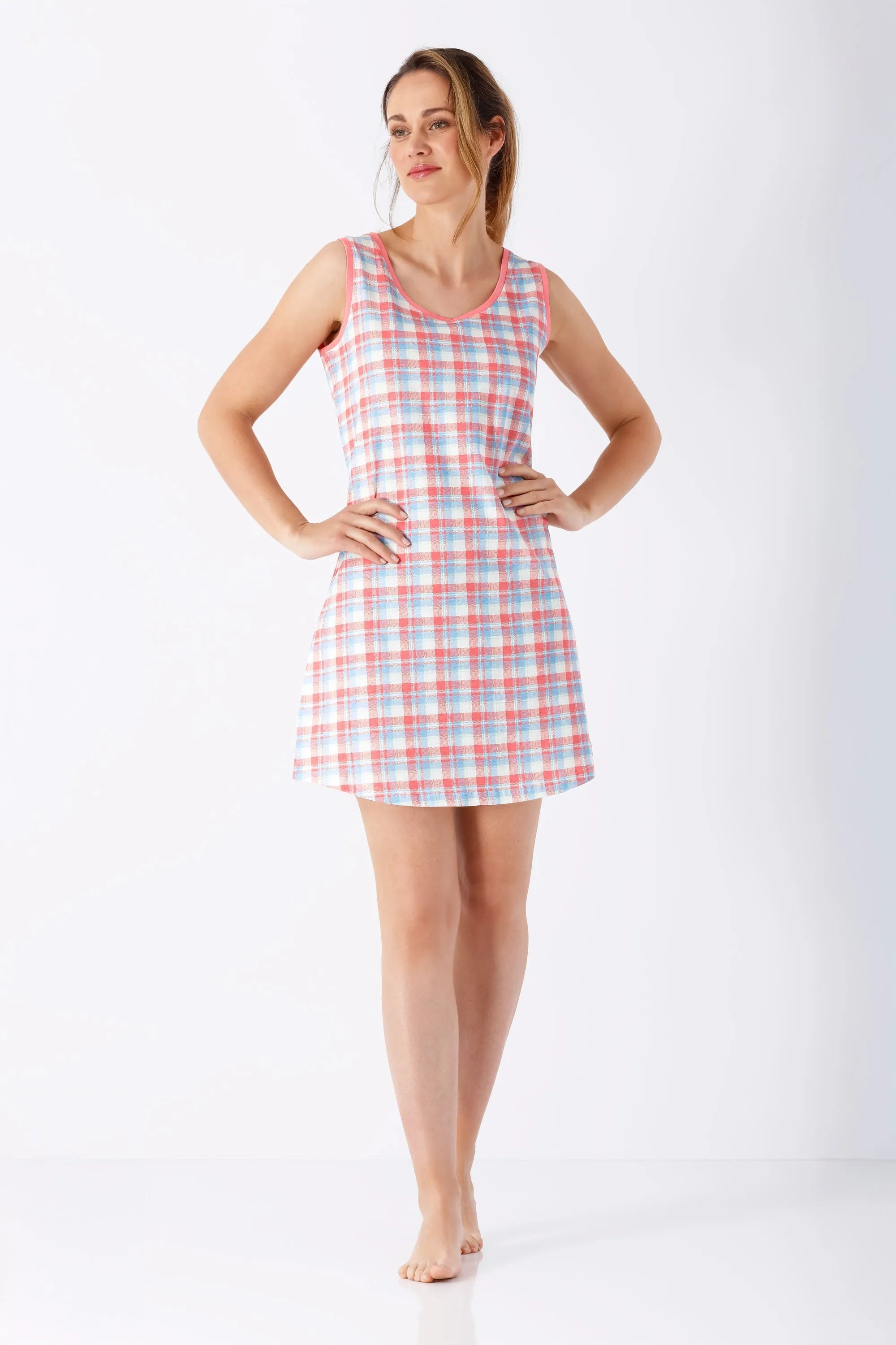 Damen Sleepshirt Träger Premium Cotton in rosa-blauem Karo, sleeveless